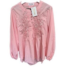 NWT FlyCurvy Women’s Pink Button Up Blouse Applique Dressy Church 2XL